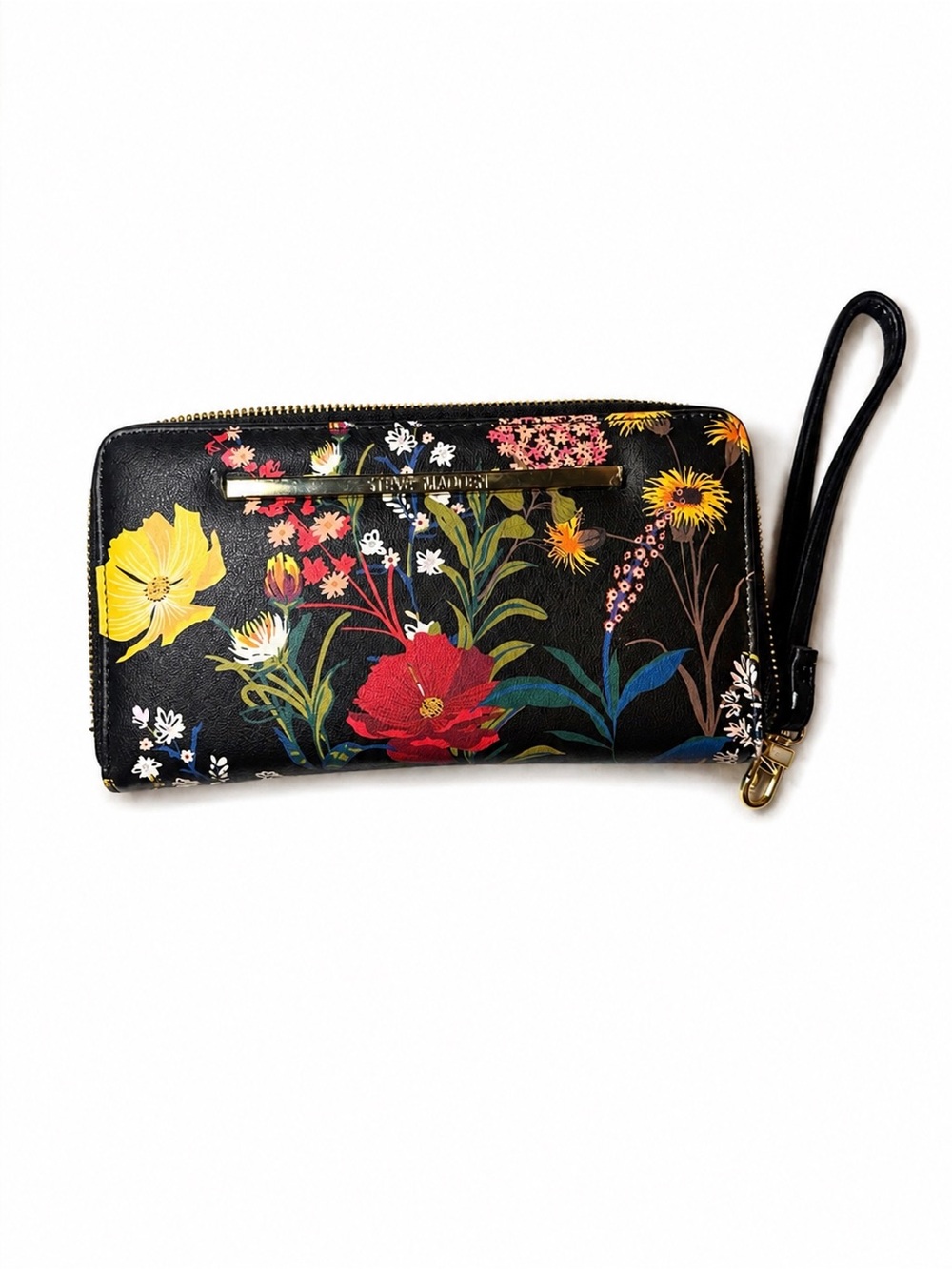 Steve Madden Black Floral Zip Wristlet with Multicolor Blooms
